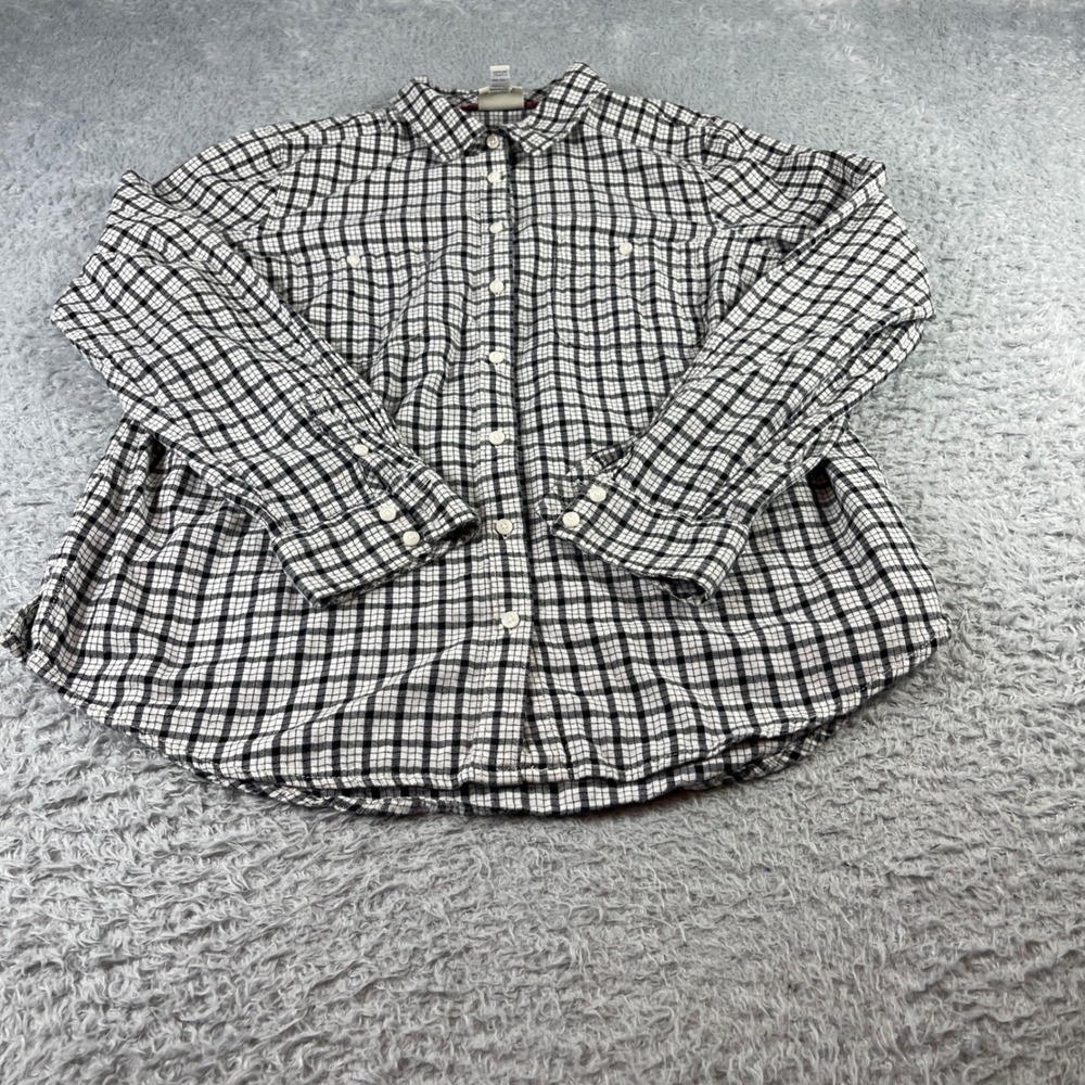 St Johns Bay Womens Large Black White Plaid Button Down Shirt Long Sleeve Cotton